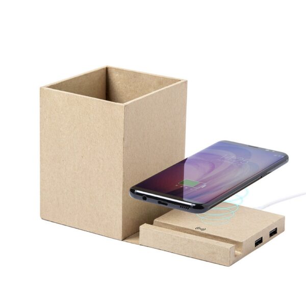 Składana ładowarka bezprzewodowa 5W z kartonu z recyklingu, hub USB 2.0, pojemnik na przybory do pisania, stojak na telefon - neutralny Składana ładowarka bezprzewodowa 5W z kartonu z recyklingu, hub USB 2.0, pojemnik na przybory do pisania, stojak na telefon - neutralny