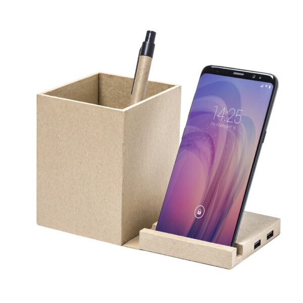 Składana ładowarka bezprzewodowa 5W z kartonu z recyklingu, hub USB 2.0, pojemnik na przybory do pisania, stojak na telefon Składana ładowarka bezprzewodowa 5W z kartonu z recyklingu, hub USB 2.0, pojemnik na przybory do pisania, stojak na telefon