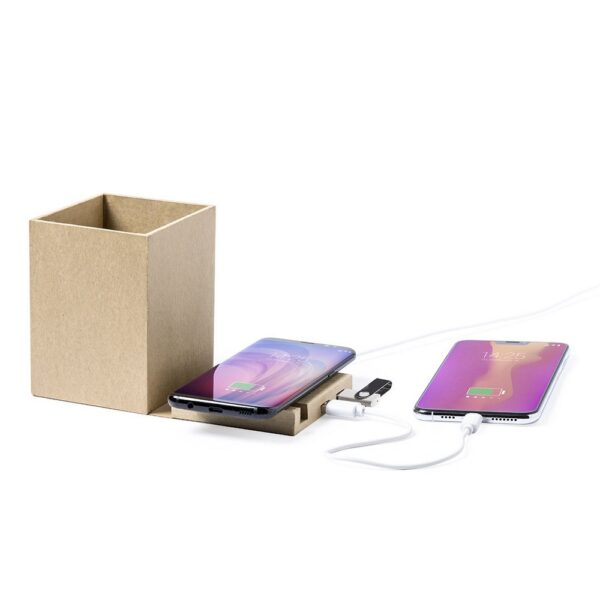 Składana ładowarka bezprzewodowa 5W z kartonu z recyklingu, hub USB 2.0, pojemnik na przybory do pisania, stojak na telefon Składana ładowarka bezprzewodowa 5W z kartonu z recyklingu, hub USB 2.0, pojemnik na przybory do pisania, stojak na telefon