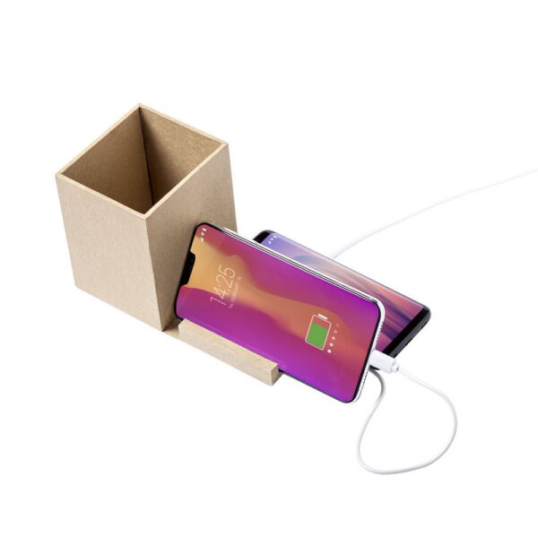 Składana ładowarka bezprzewodowa 5W z kartonu z recyklingu, hub USB 2.0, pojemnik na przybory do pisania, stojak na telefon Składana ładowarka bezprzewodowa 5W z kartonu z recyklingu, hub USB 2.0, pojemnik na przybory do pisania, stojak na telefon