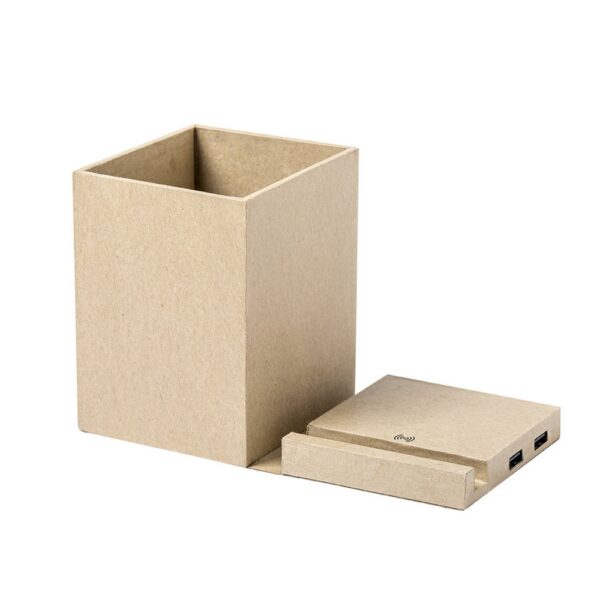 Składana ładowarka bezprzewodowa 5W z kartonu z recyklingu, hub USB 2.0, pojemnik na przybory do pisania, stojak na telefon Składana ładowarka bezprzewodowa 5W z kartonu z recyklingu, hub USB 2.0, pojemnik na przybory do pisania, stojak na telefon
