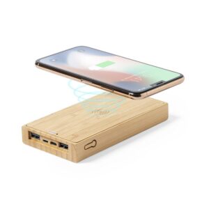 Bambusowy bezprzewodowy power bank 10000 mAh, ładowarka bezprzewodowa 5W, ładowarka słoneczna - brązowy